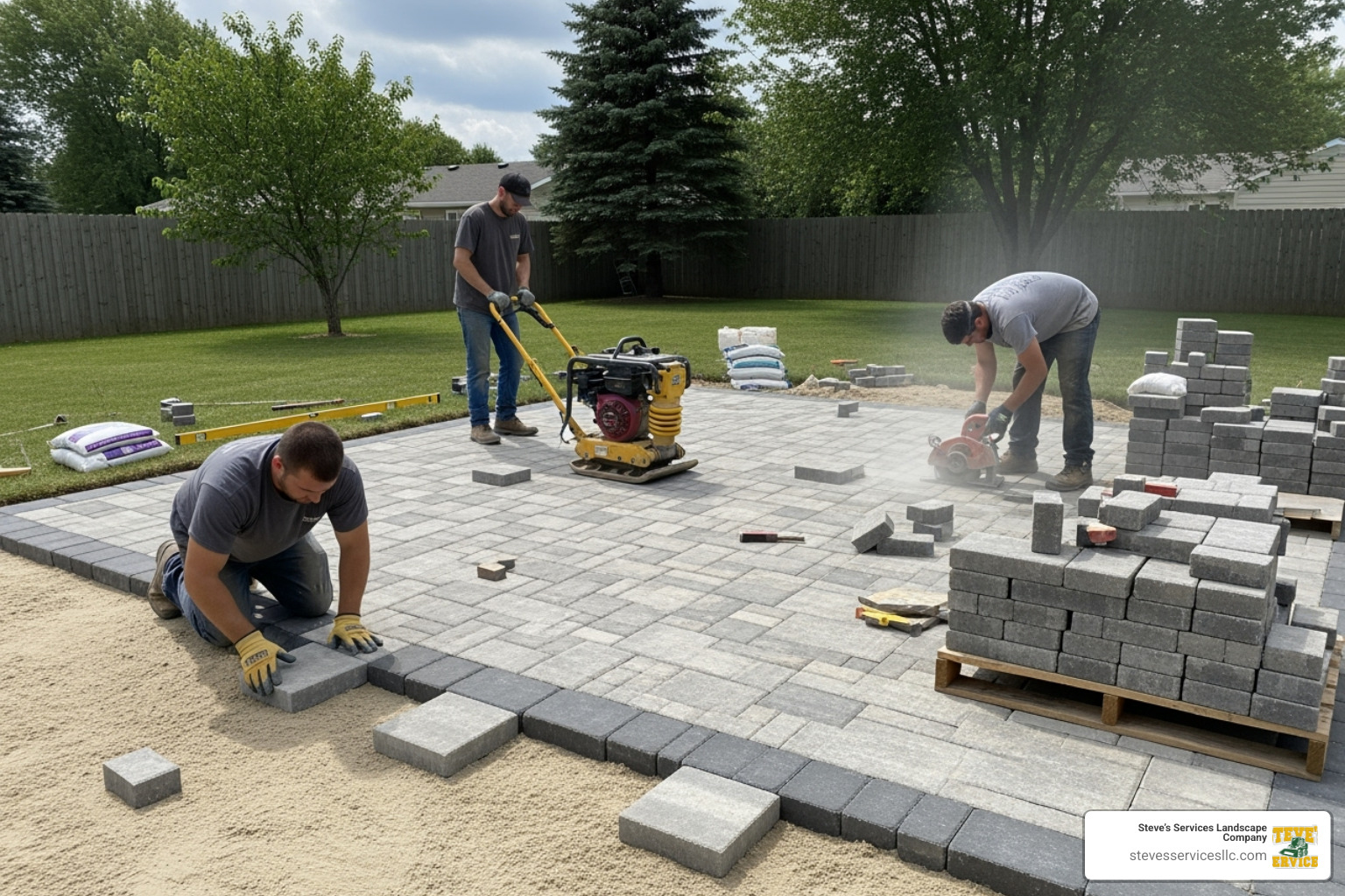 professional hardscape team installing a paver patio - Patio design Burlington MA