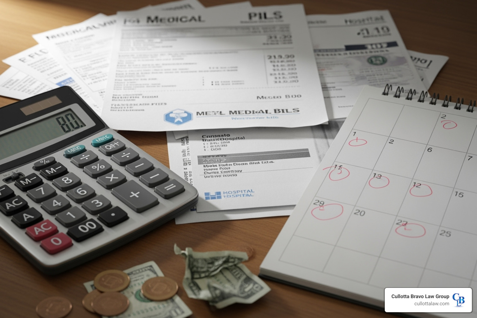 Calculator, medical bills, and a calendar to represent economic losses - Multi-million dollar settlements