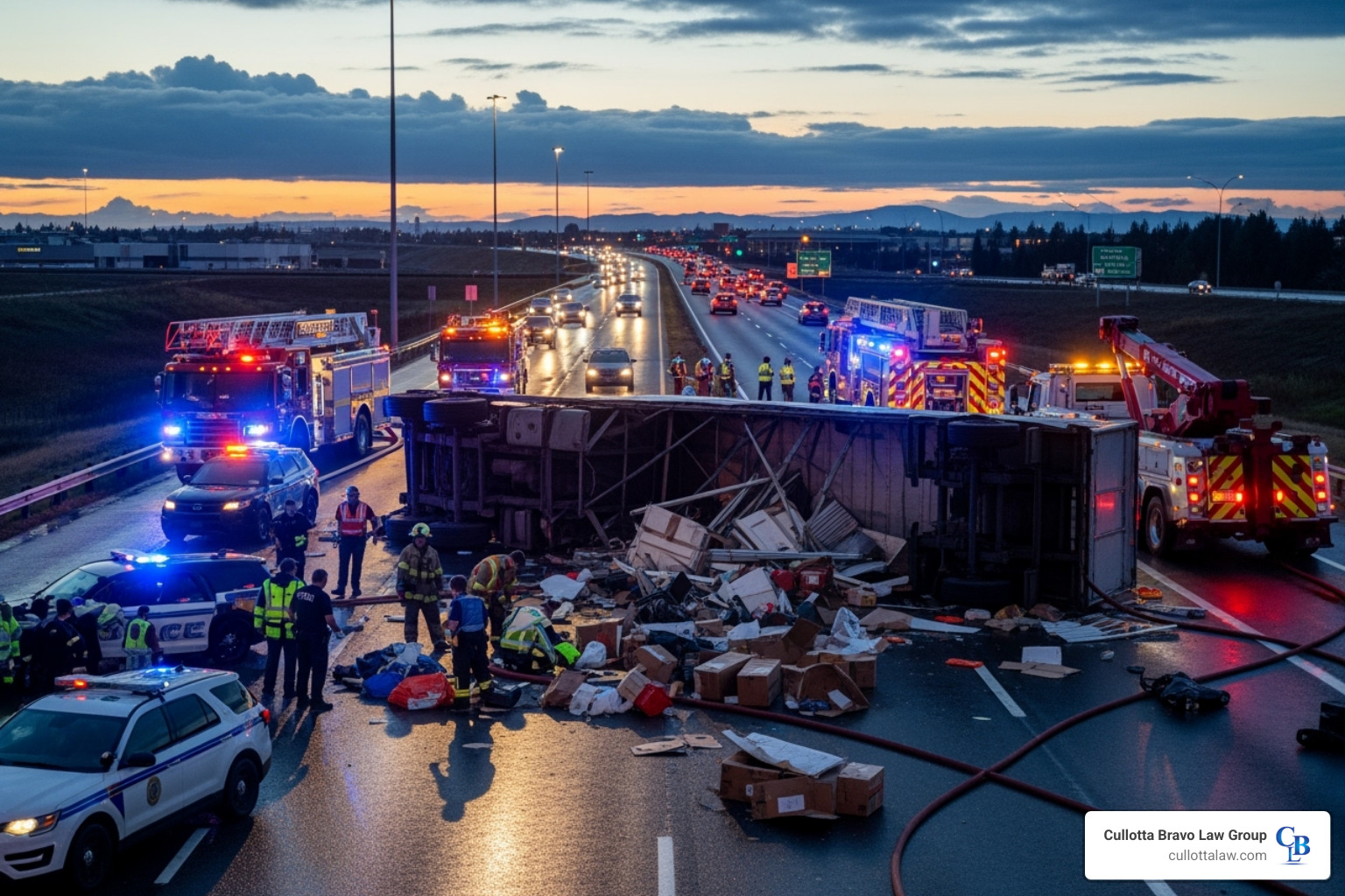 Commercial truck accident scene with emergency responders - Multi-million dollar settlements