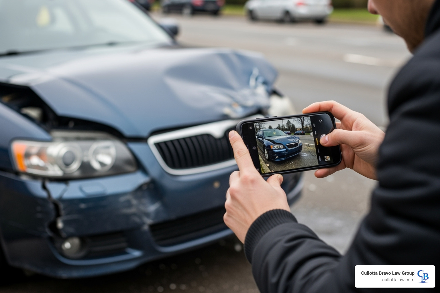 person taking photos of vehicle damage - head on collision lawyer