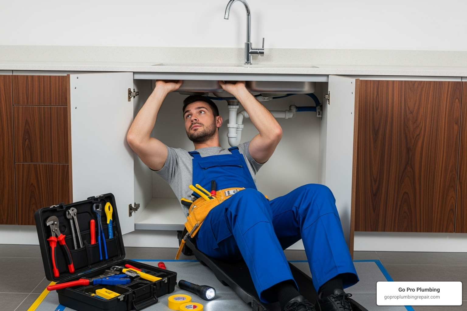 professional plumber working under a sink - faucet and sink repair