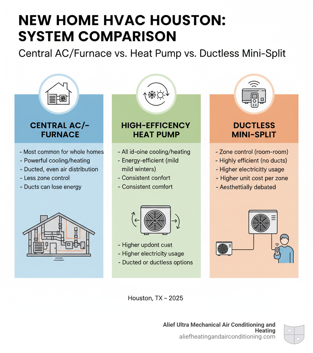 comparison of Central AC/Furnace vs. Heat Pump vs. Ductless Mini-Split - new construction hvac houston infographic comparison of Central AC/Furnace vs. Heat Pump vs. Ductless Mini-Split - new construction hvac houston infographic