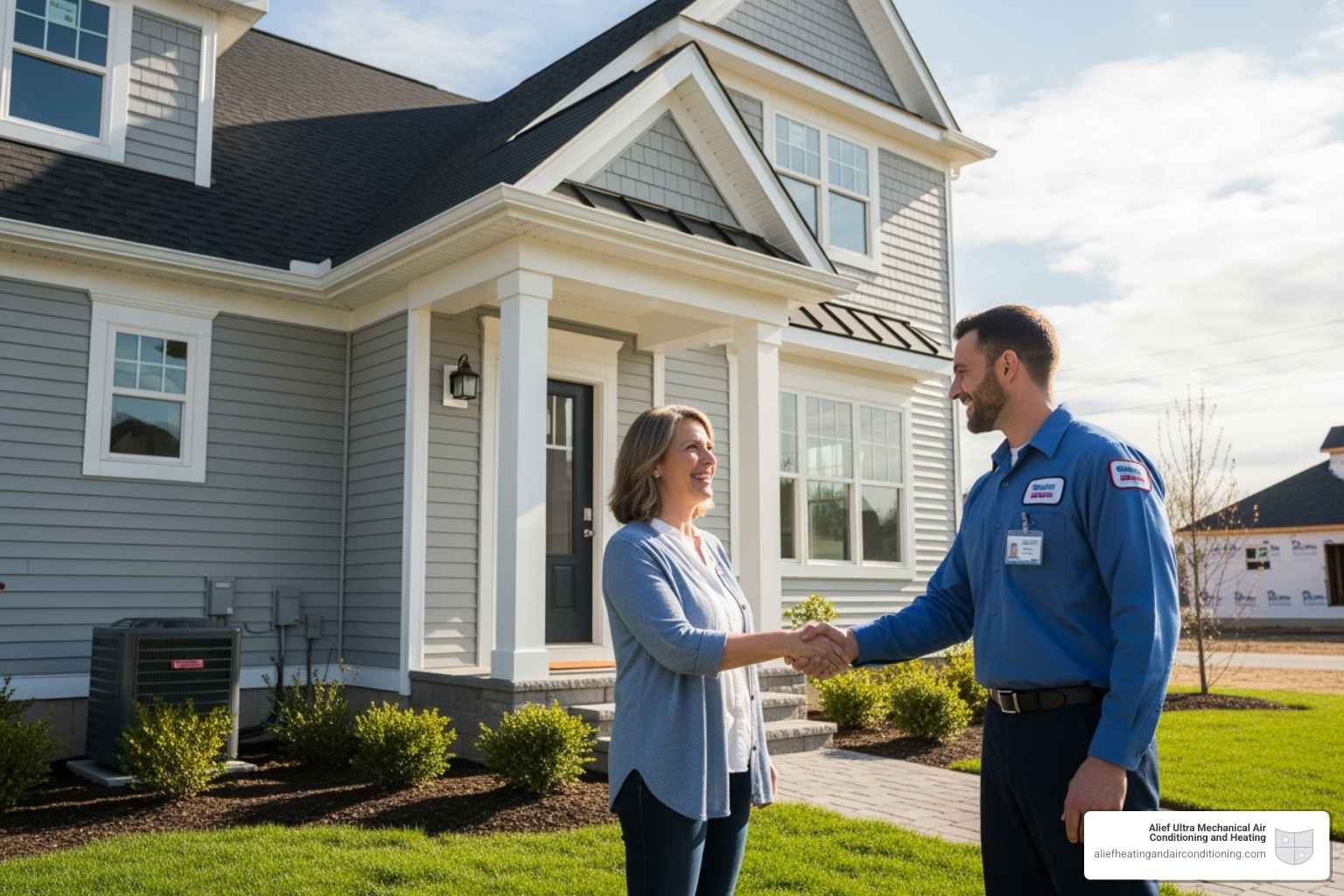 a friendly, uniformed technician shaking hands with a happy homeowner in front of their newly constructed home - new construction hvac houston a friendly, uniformed technician shaking hands with a happy homeowner in front of their newly constructed home - new construction hvac houston