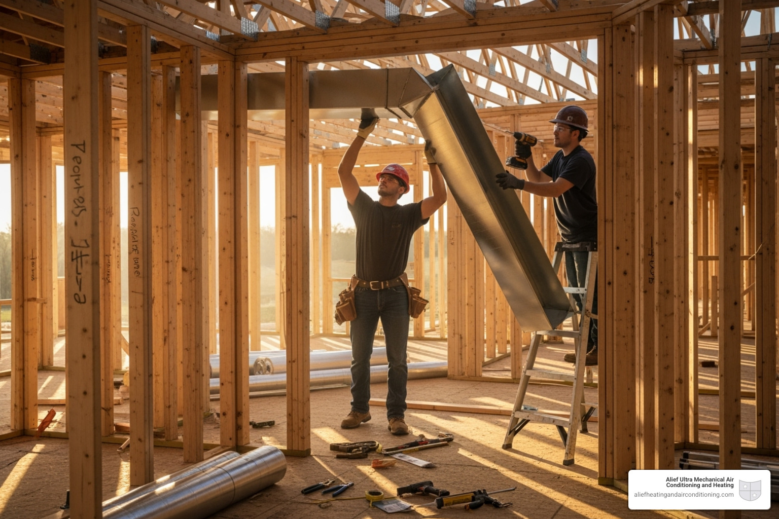 technicians carefully installing ductwork within the wooden frame of a new house - new construction hvac houston technicians carefully installing ductwork within the wooden frame of a new house - new construction hvac houston
