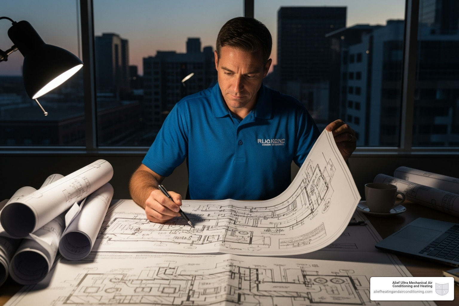 A technician reviewing blueprints for a multi-family HVAC project - multi-family hvac houston