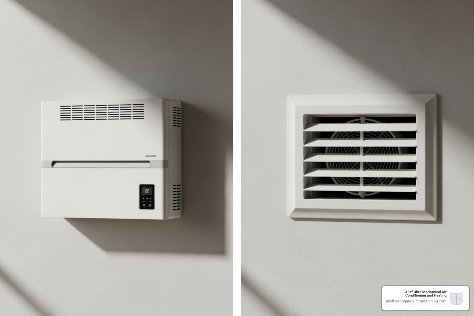 A side-by-side comparison of a ductless mini-split indoor unit and a central air vent - multi-family hvac houston