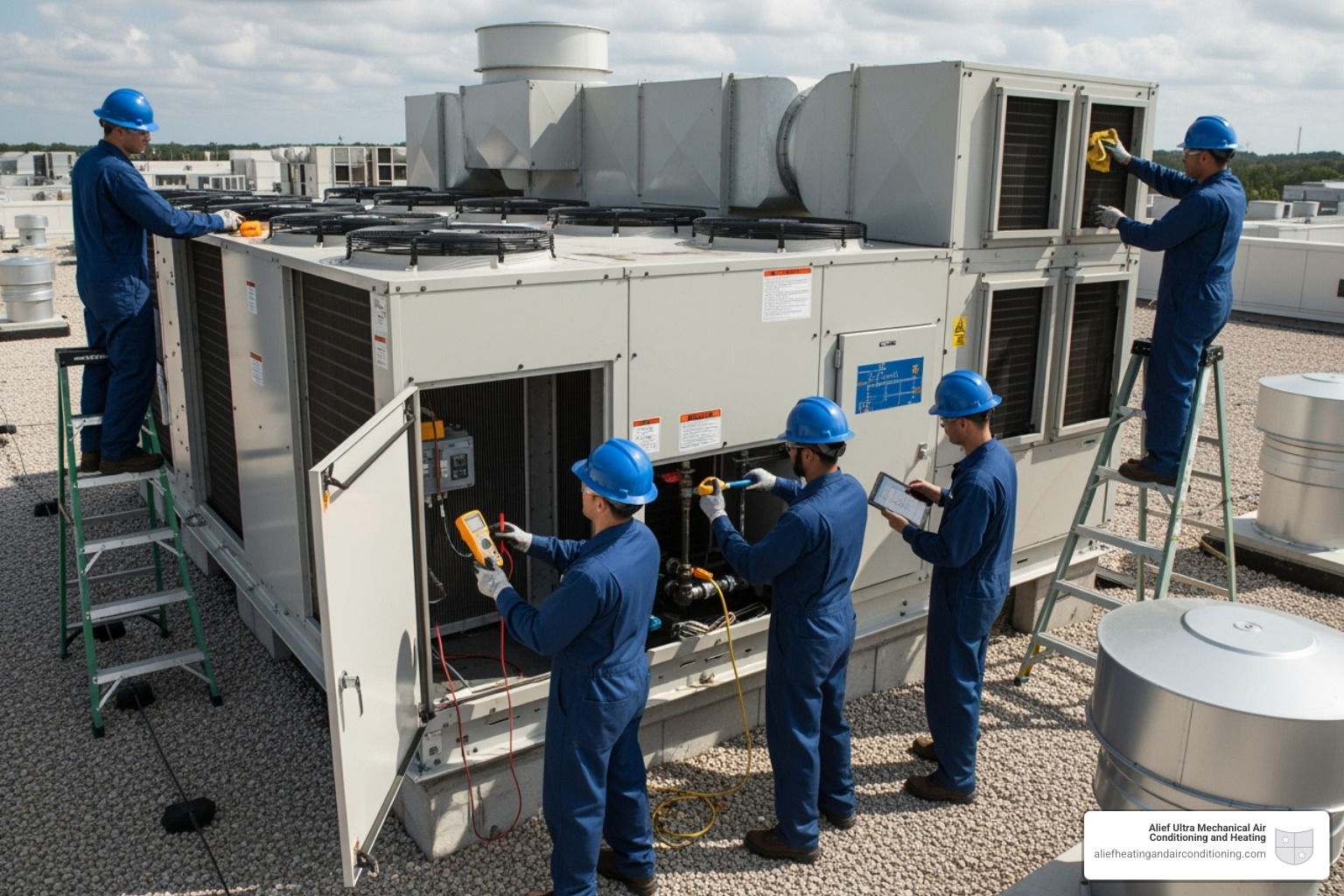 A team of technicians working on a large commercial rooftop unit - multi-family hvac houston