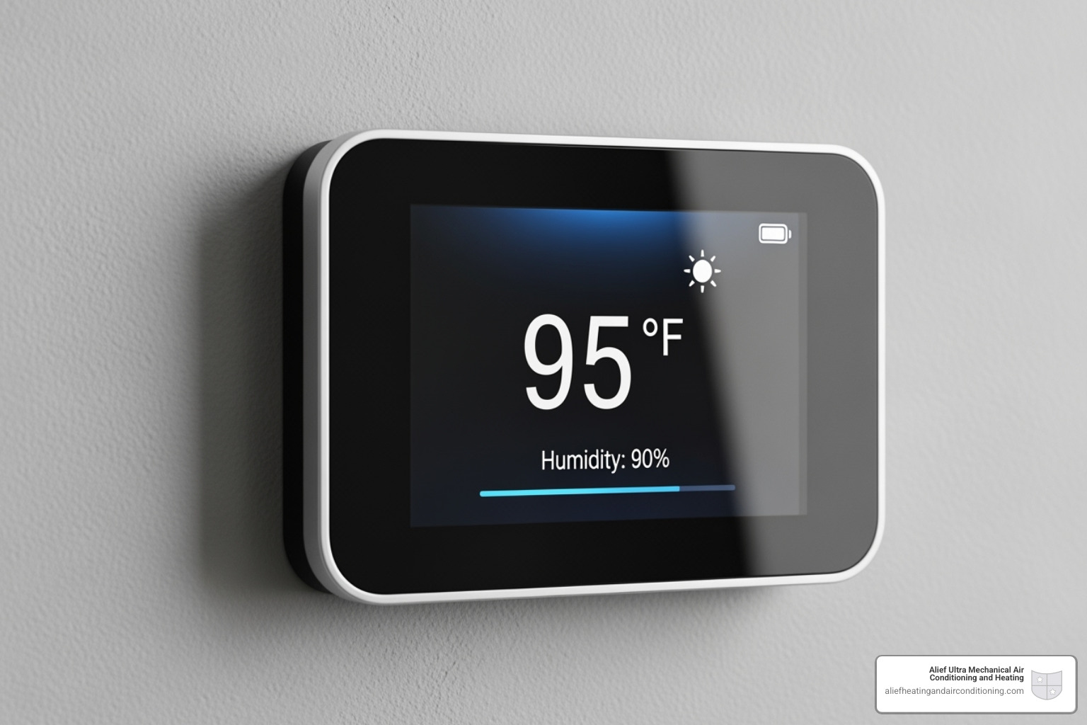 A thermostat displaying a high outdoor temperature and humidity level - multi-family hvac houston