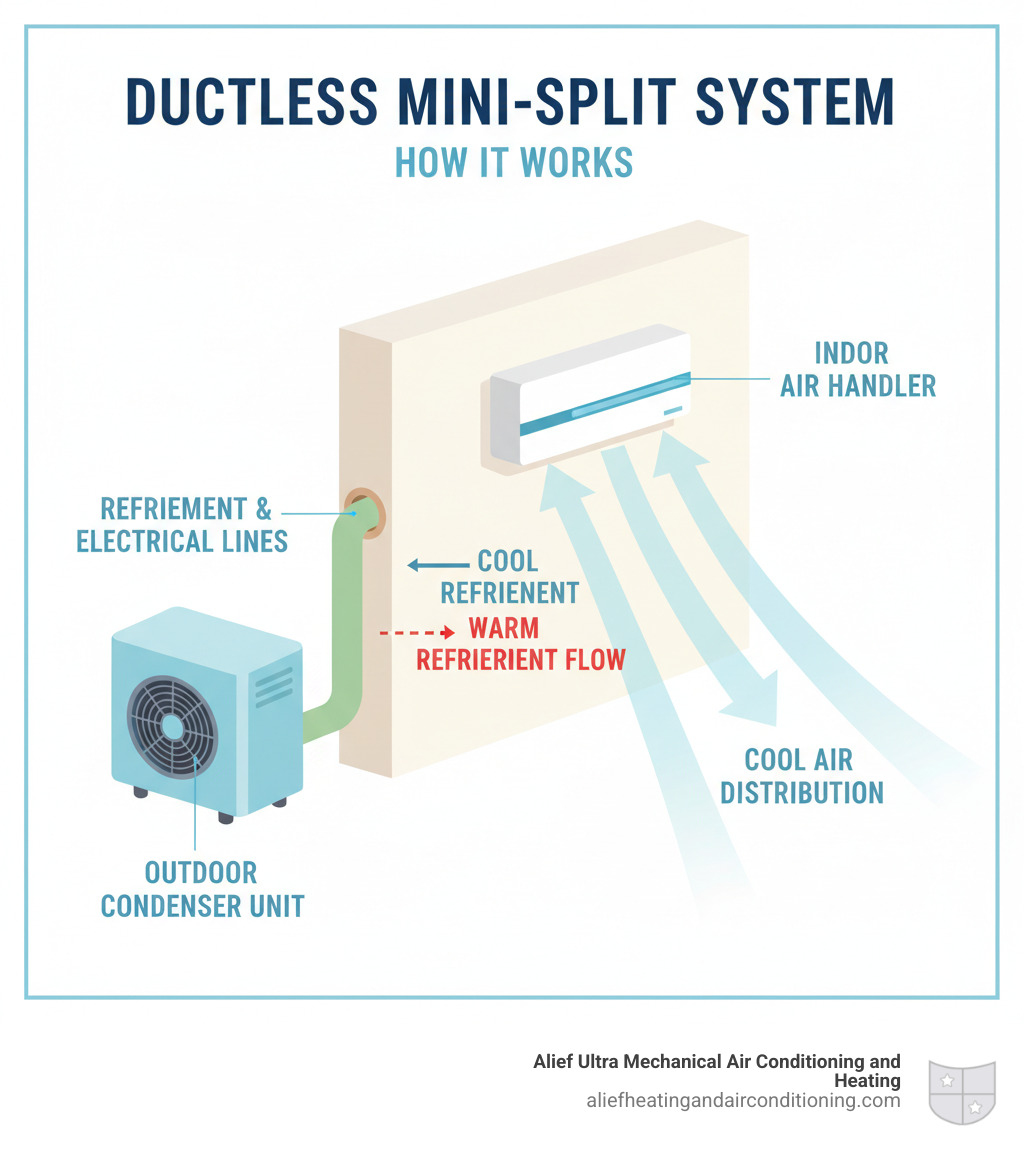 Infographic showing ductless mini-split system components: outdoor condenser unit connected via refrigerant lines and electrical conduit through a small wall opening to wall-mounted indoor air handler, with arrows showing cool air distribution and refrigerant cycle flow - ductless mini-splits houston infographic 