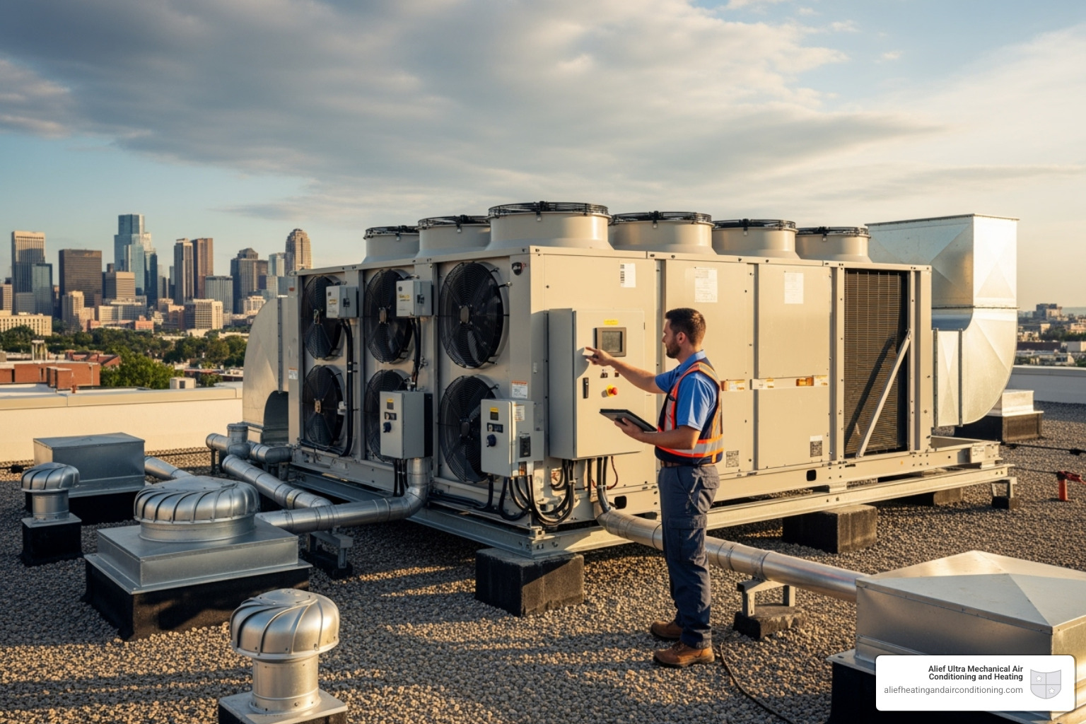 technician inspecting a large commercial HVAC unit on a rooftop - commercial air quality houston