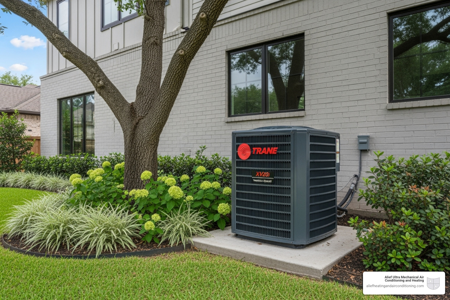 Modern Trane outdoor AC unit installed next to a residential home in Houston, blending into the landscaping. - trane dealer houston