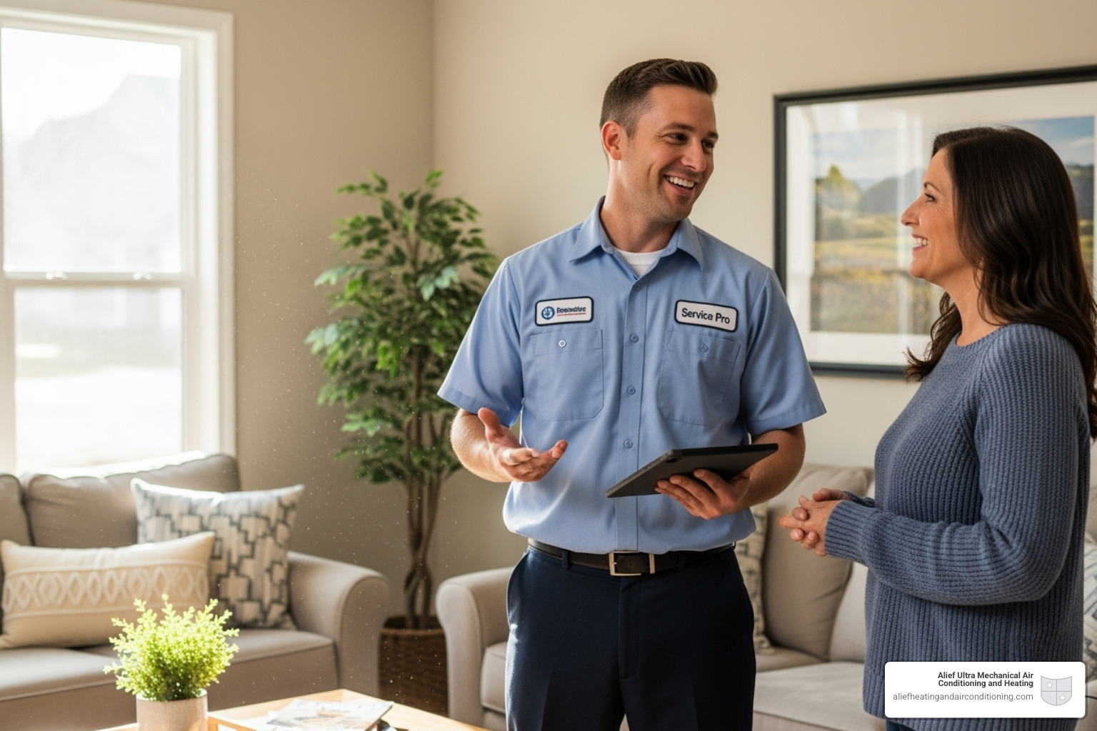 Alief Ultra Mechanical technician, Jeremy, in a clean uniform, smiling and talking to a homeowner in a well-maintained living room. - trane dealer houston