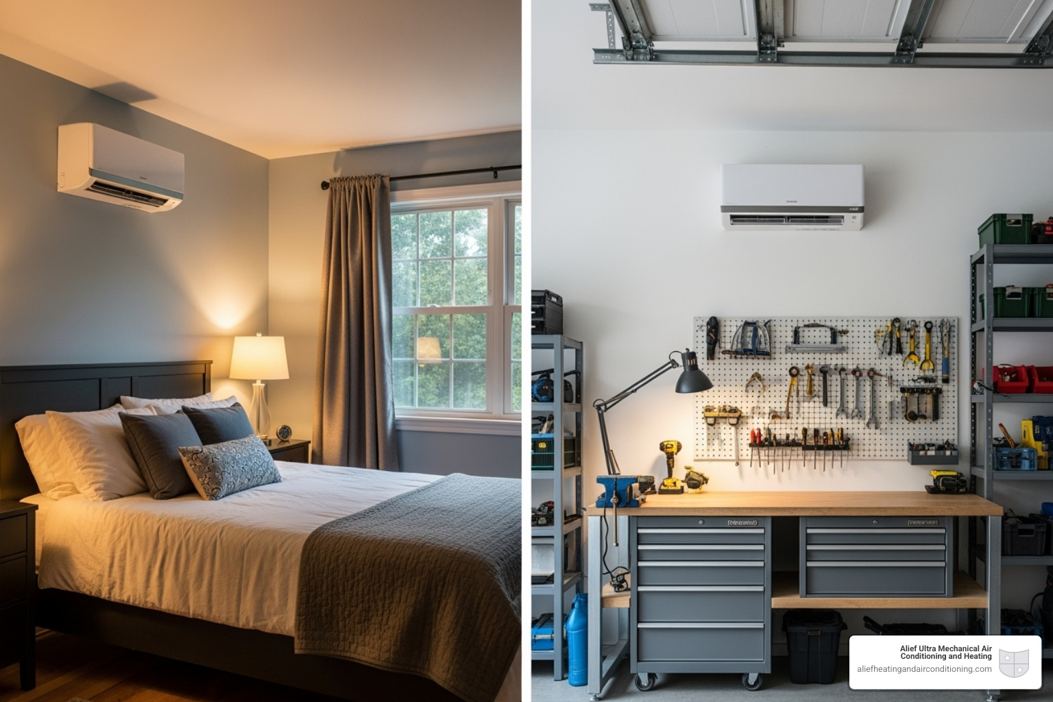 Multi-zone ductless mini-split system with indoor units in a cozy bedroom and a functional converted garage workshop, showcasing individual comfort control. - ductless mini-splits houston