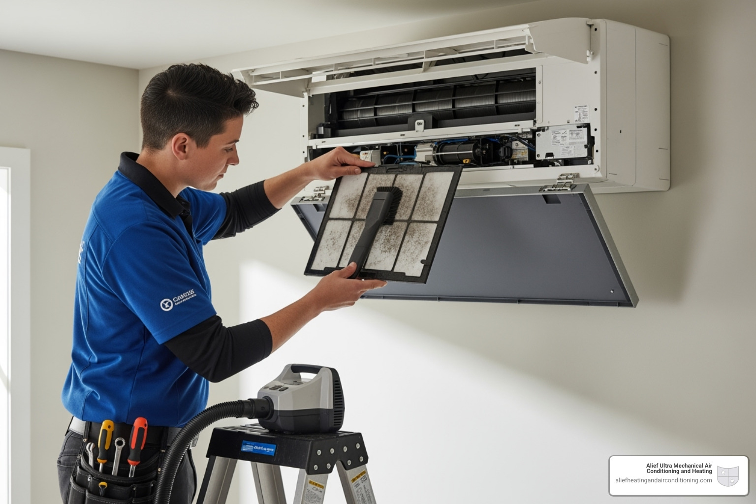 HVAC technician cleaning the filter of an indoor wall-mounted mini-split unit - ductless mini-splits houston