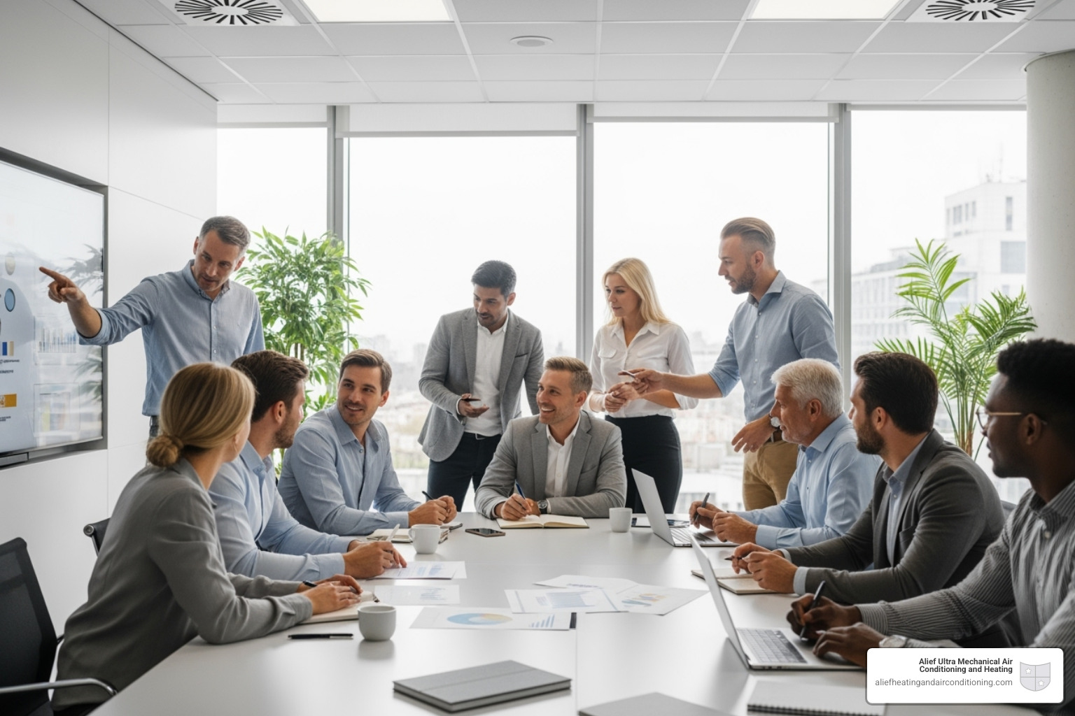 employees collaborating effectively in a well-ventilated meeting room - commercial air quality houston