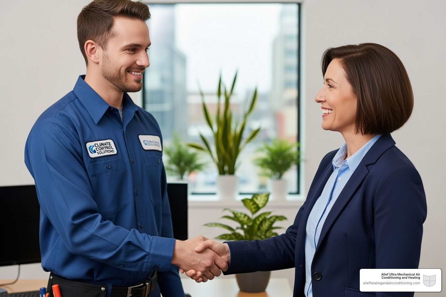 friendly, professional technician shaking hands with a business owner - commercial air quality houston