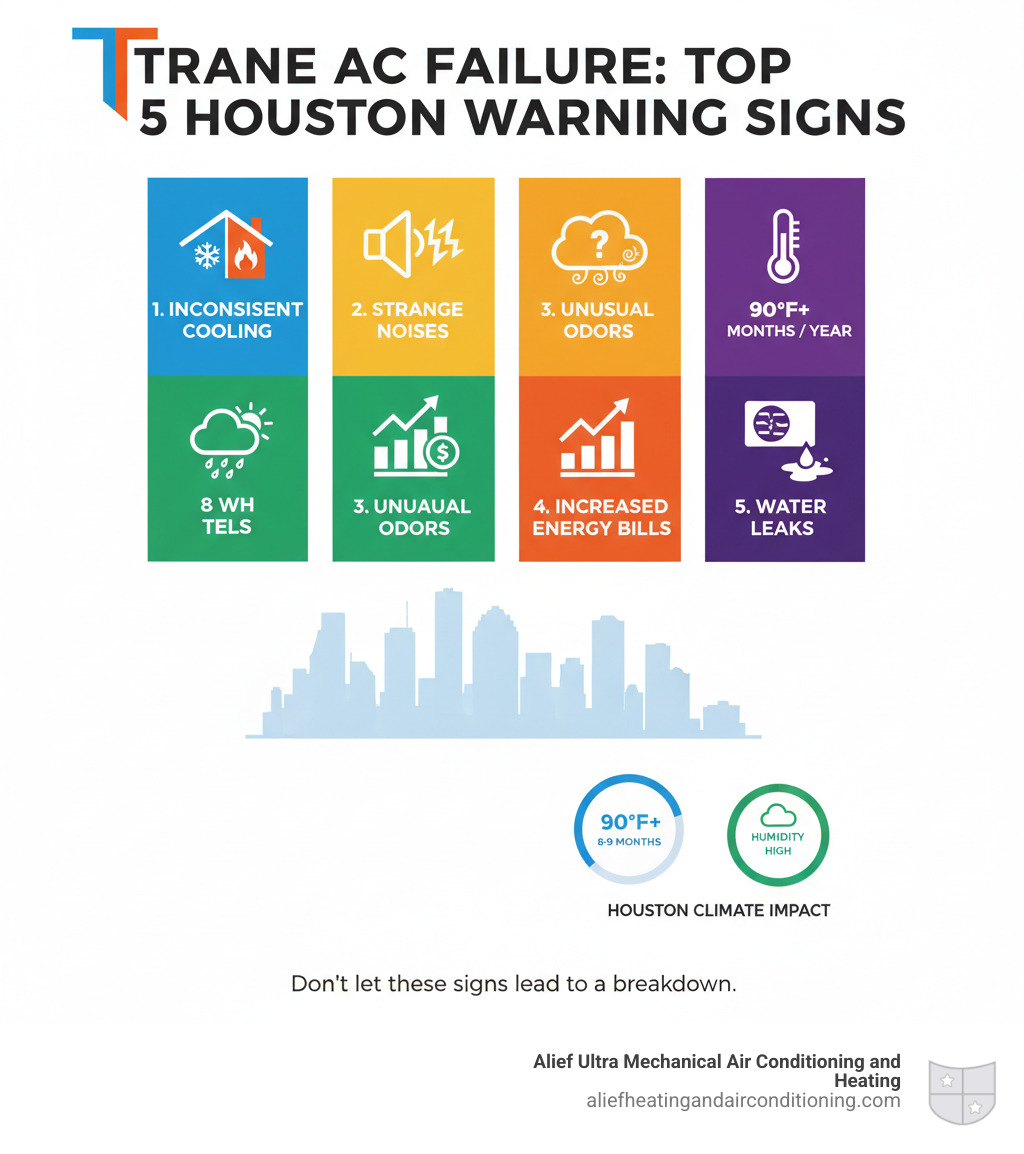 Comprehensive infographic showing the top 5 warning signs of Trane AC failure in Houston homes, including visual indicators for inconsistent cooling, strange noises, unusual odors, increased energy bills, and water leaks, with Houston skyline and climate statistics - trane ac repair houston infographic  Comprehensive infographic showing the top 5 warning signs of Trane AC failure in Houston homes, including visual indicators for inconsistent cooling, strange noises, unusual odors, increased energy bills, and water leaks, with Houston skyline and climate statistics - trane ac repair houston infographic