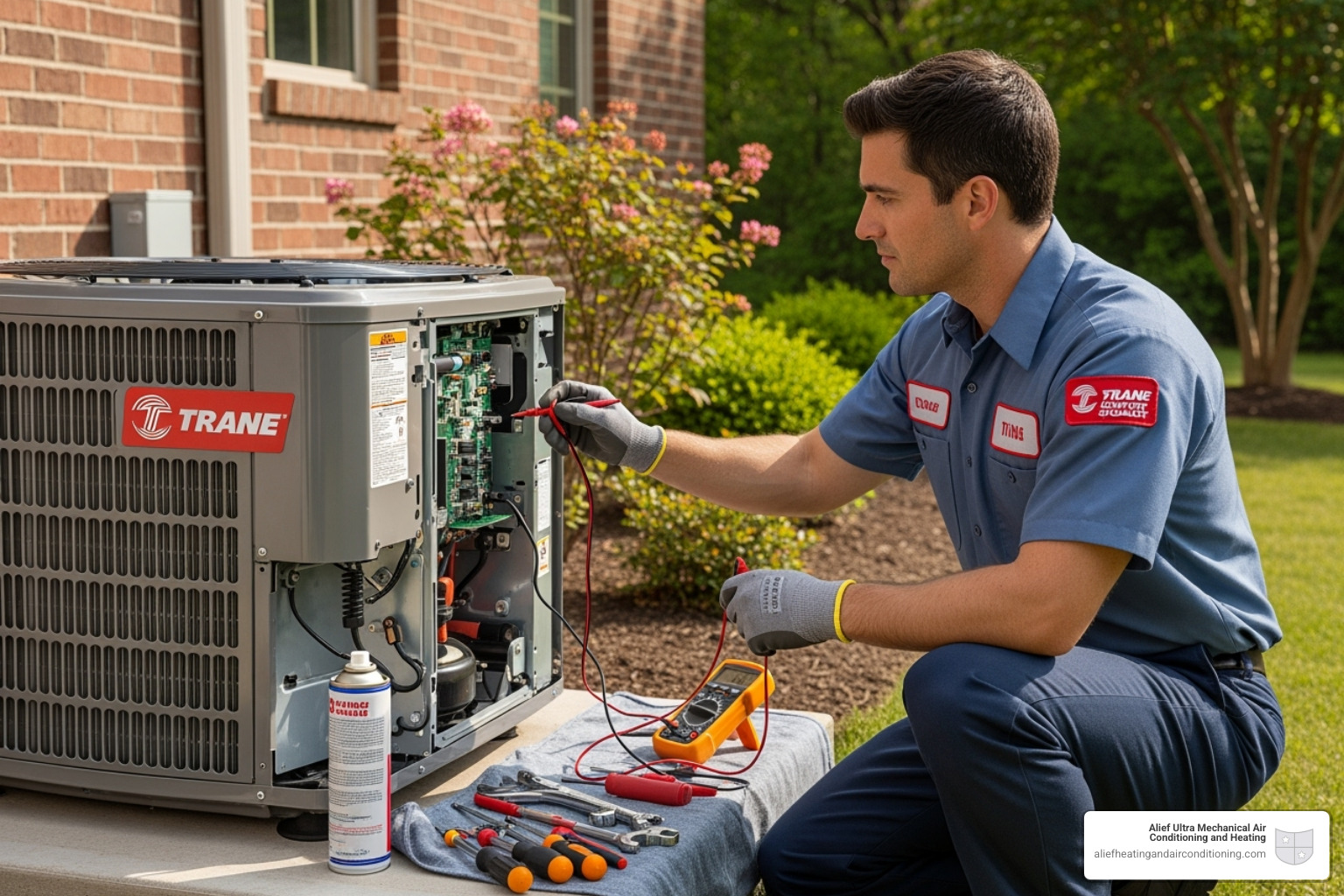Certified technician servicing a Trane outdoor unit - trane ac repair houston Certified technician servicing a Trane outdoor unit - trane ac repair houston
