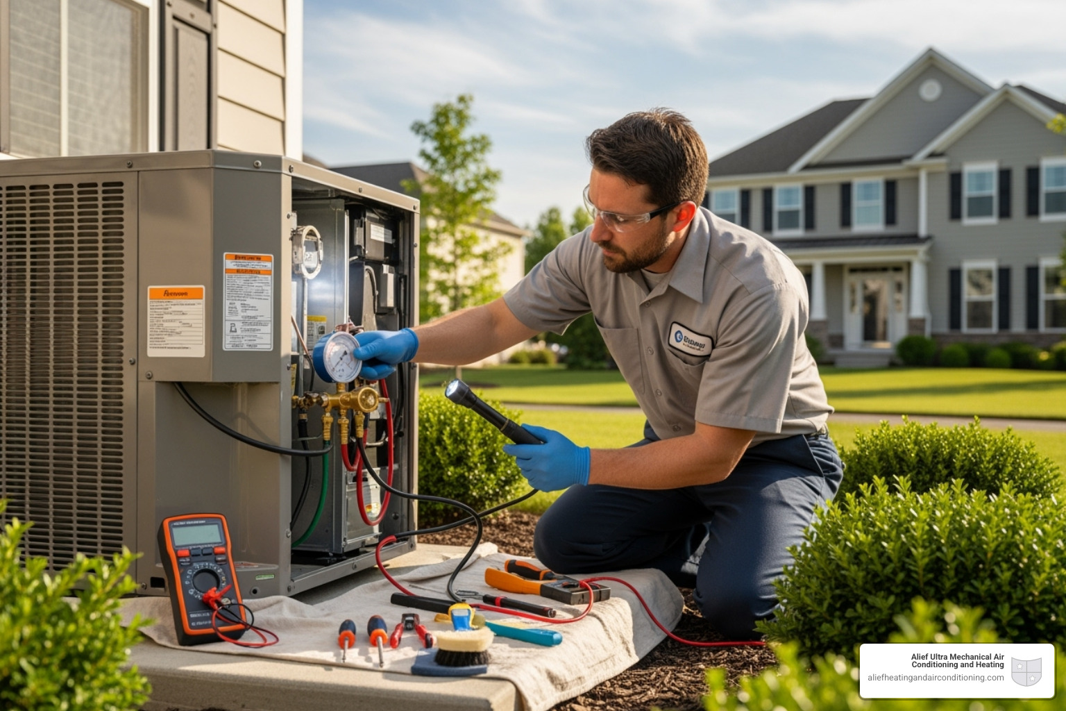 Technician performing an AC tune-up - trane ac repair houston Technician performing an AC tune-up - trane ac repair houston