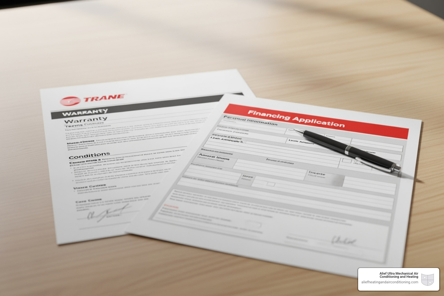 Trane warranty document and a financing application form laid out on a clean desk, symbolizing important considerations for HVAC purchases. - trane dealer houston