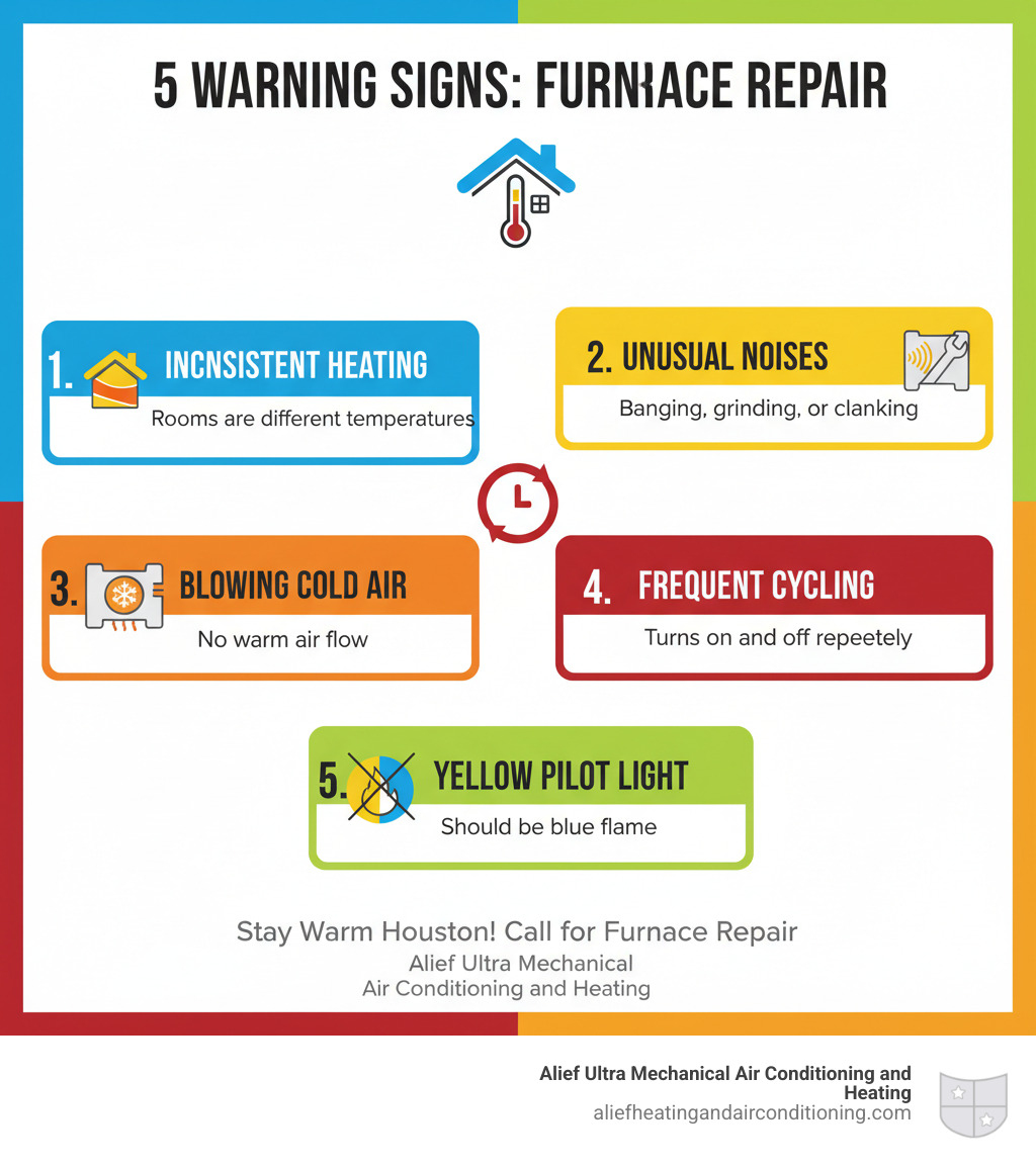 Infographic showing top 5 warning signs your furnace needs immediate repair: inconsistent heating between rooms, unusual noises like banging or grinding, furnace blowing cold air instead of warm, frequent on-off cycling, and yellow pilot light instead of blue flame - furnace repair for all brands houston infographic 