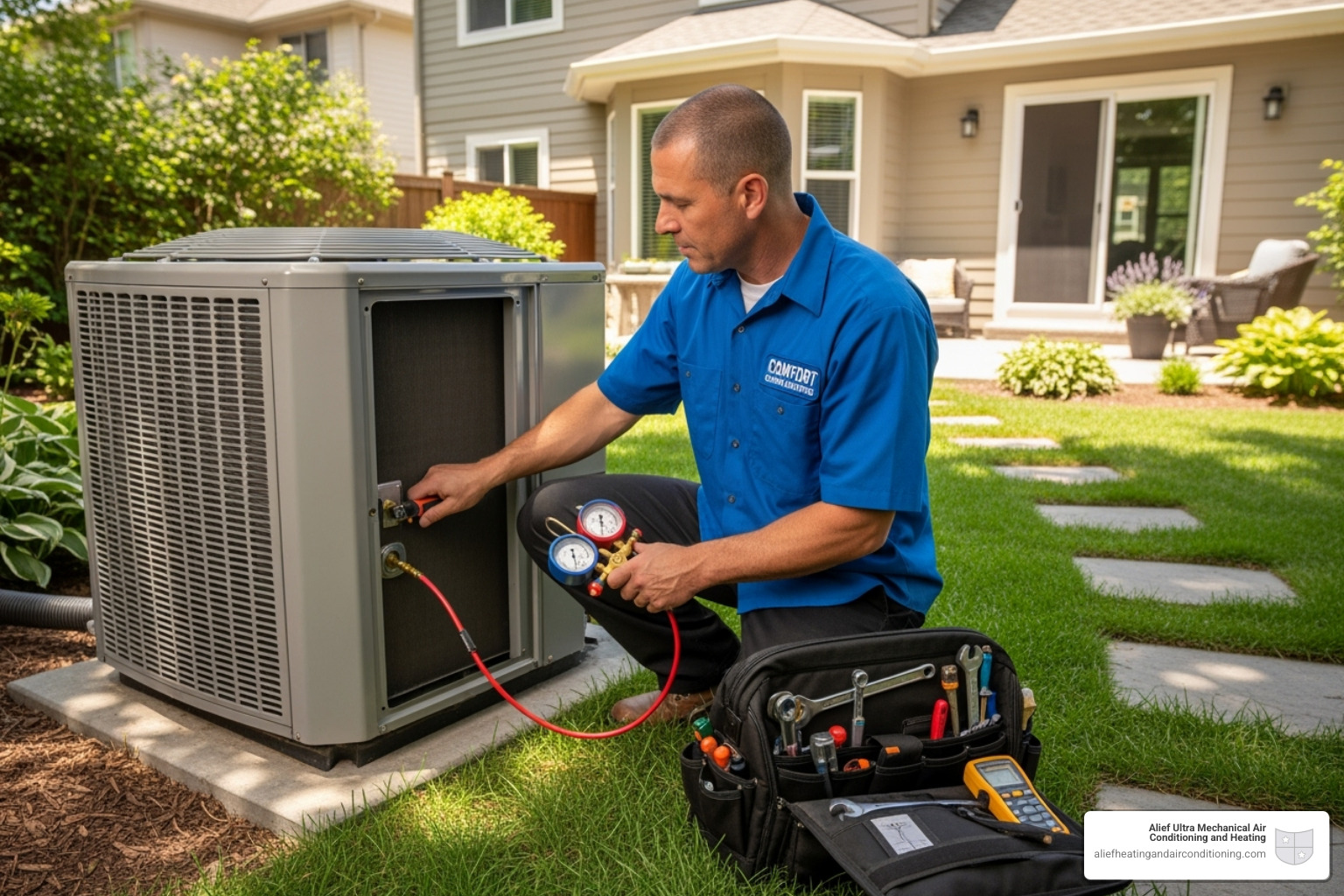 Technician servicing a modern AC unit - alief ultra mechanical address