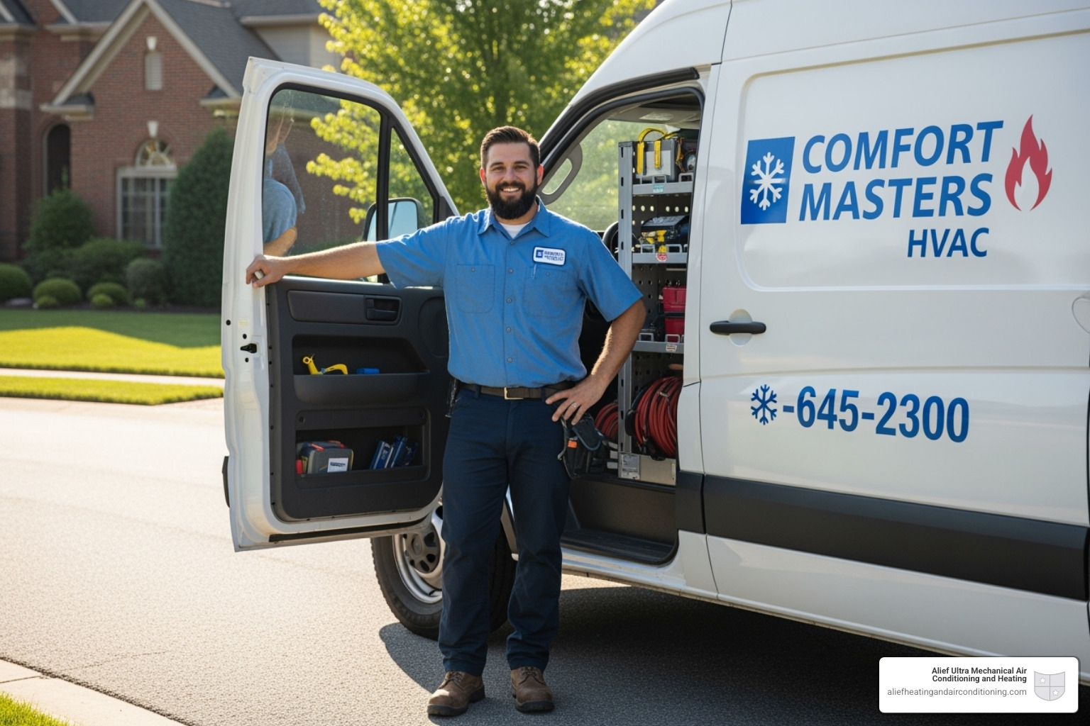 Friendly HVAC technician smiling by a company van - furnace repair for all brands houston