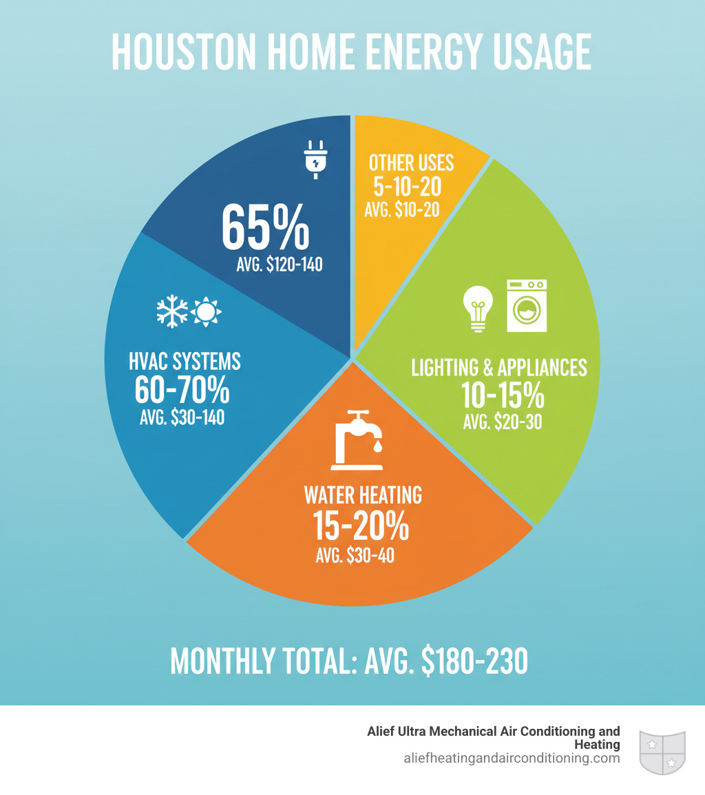 Infographic showing Houston home energy usage breakdown with HVAC systems consuming 60-70% of total energy, followed by water heating at 15-20%, lighting and appliances at 10-15%, and other uses at 5-10%, with specific dollar amounts for a typical monthly bill - hvac cost savings houston infographic  Infographic showing Houston home energy usage breakdown with HVAC systems consuming 60-70% of total energy, followed by water heating at 15-20%, lighting and appliances at 10-15%, and other uses at 5-10%, with specific dollar amounts for a typical monthly bill - hvac cost savings houston infographic