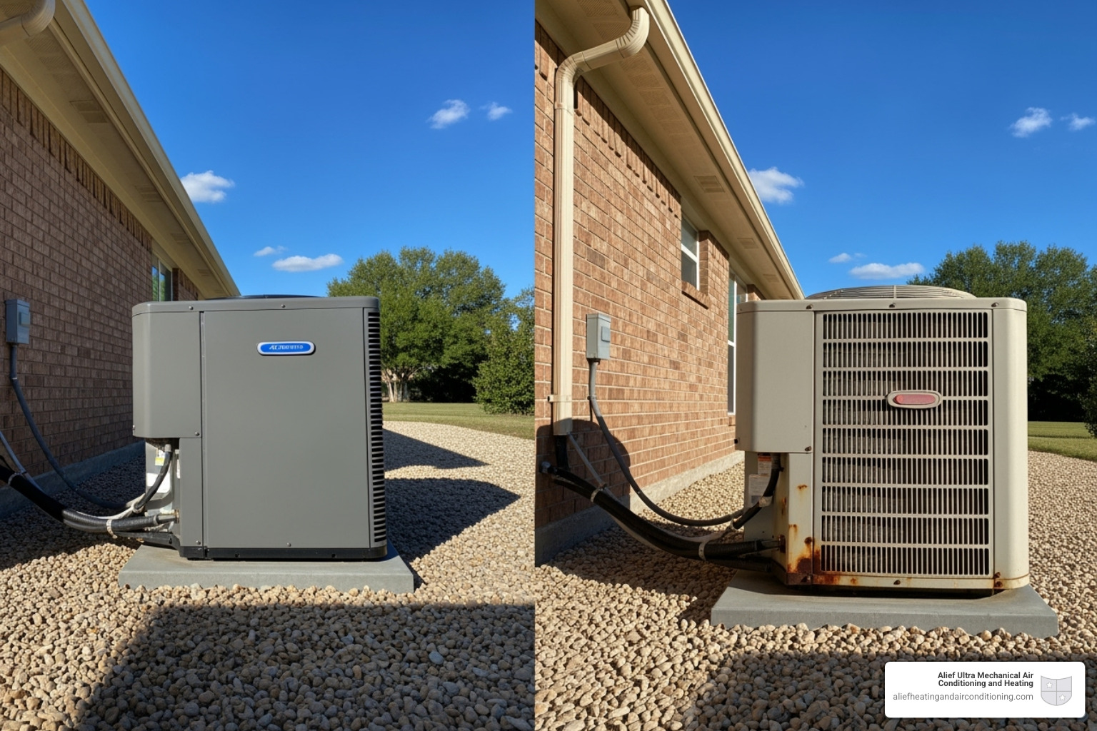 new, modern outdoor HVAC unit next to an older one - hvac cost savings houston new, modern outdoor HVAC unit next to an older one - hvac cost savings houston