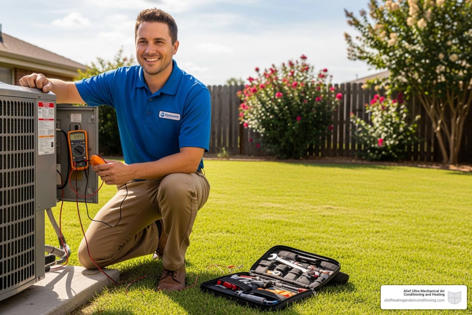 friendly technician servicing an outdoor AC unit - hvac cost savings houston friendly technician servicing an outdoor AC unit - hvac cost savings houston
