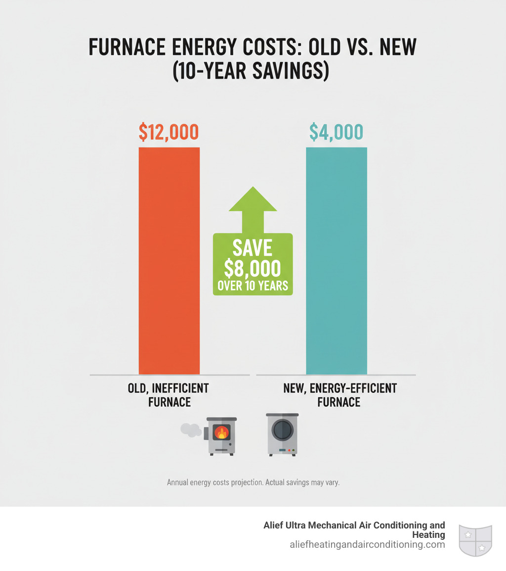 Bar chart comparing the annual energy costs of an old, inefficient furnace versus a new, energy-efficient model, highlighting savings over 10 years. - emergency furnace repair houston infographic 
