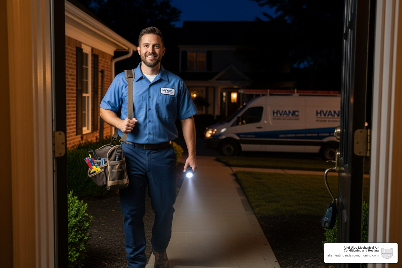 A friendly, professional technician arriving at a home at night with a toolbag and a flashlight, ready to assist. - emergency furnace repair houston