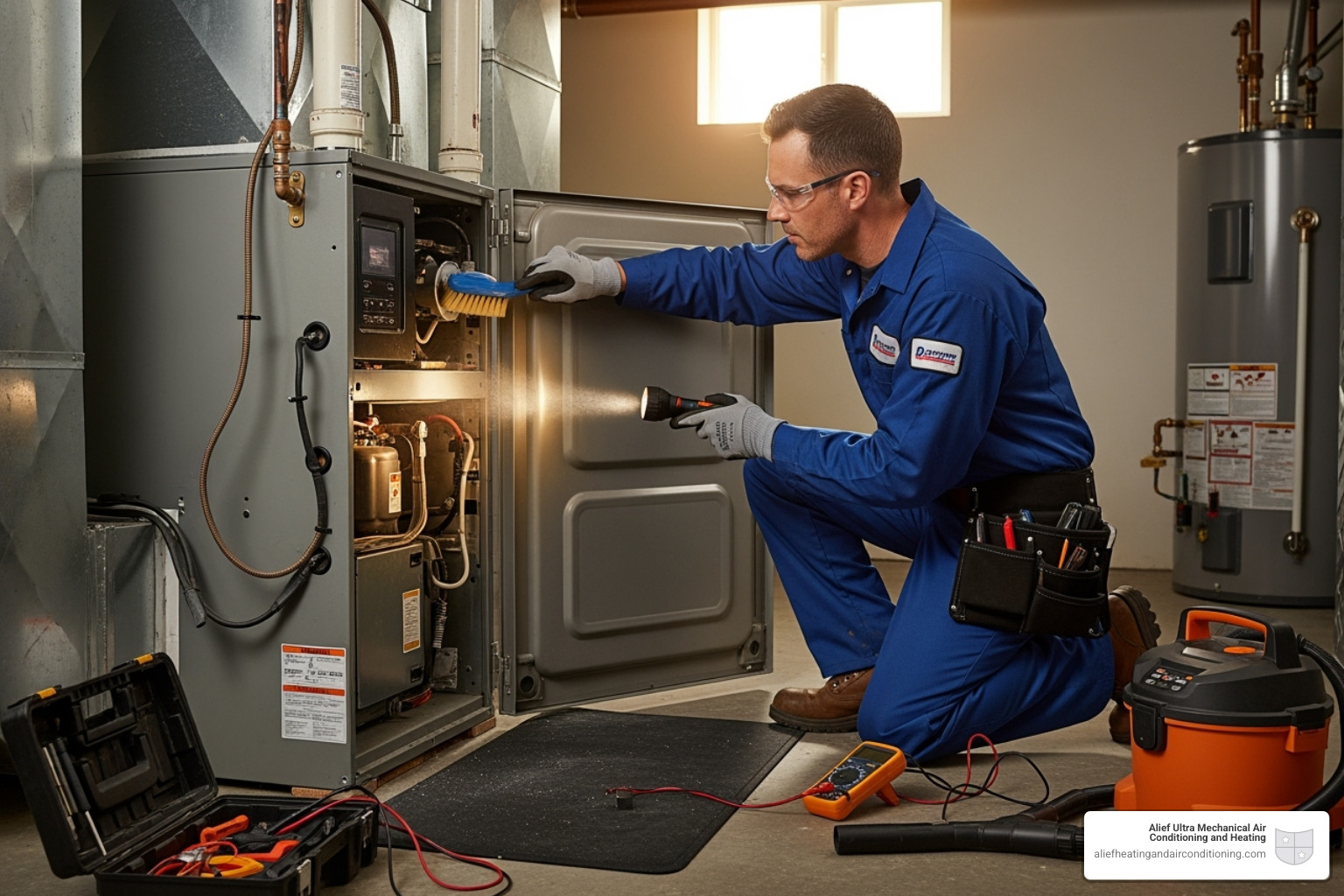 A professional HVAC technician performing an annual furnace tune-up, checking components and cleaning the system. - emergency furnace repair houston