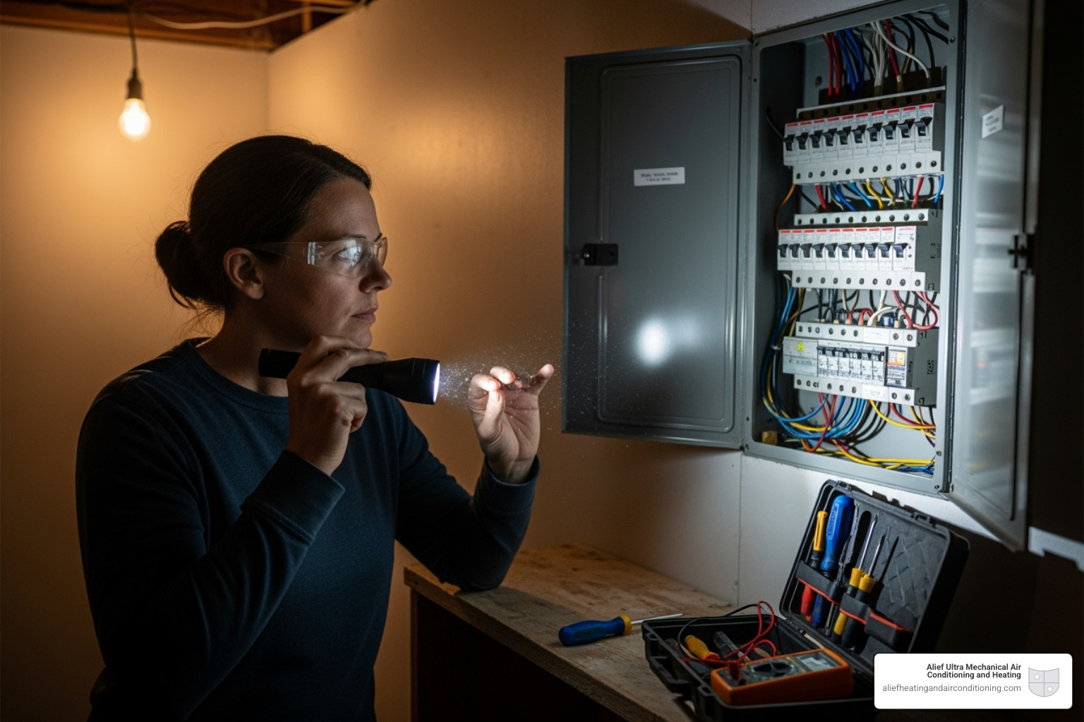 A homeowner safely checking their home's circuit breaker panel, with a flashlight in hand. - emergency furnace repair houston