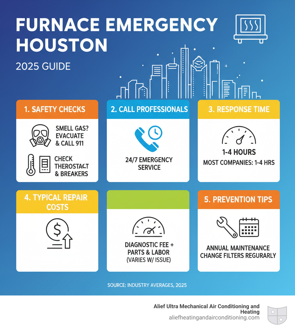 Detailed infographic showing the step-by-step process for handling a furnace emergency in Houston, including safety checks, when to call professionals, expected response times, typical repair costs, and prevention tips - emergency furnace repair houston infographic 