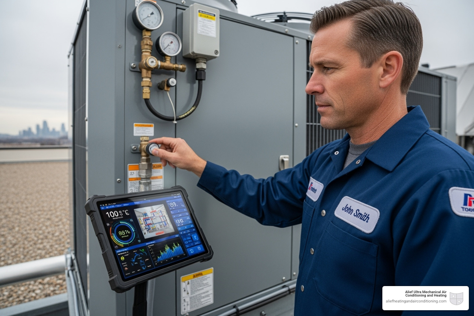 Technician diagnosing a commercial HVAC issue with a tablet, showing data and system schematics - commercial hvac maintenance houston