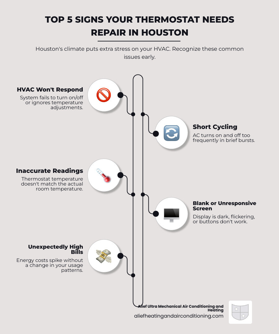 Infographic showing the top 5 thermostat failure signs in Houston climate: HVAC system won't respond to commands, short cycling every few minutes, temperature readings don't match actual room temperature, blank or flickering display screen, and unexpectedly high energy bills with humidity and heat stress indicators - thermostat repair houston infographic infographic-line-5-steps-neat_beige