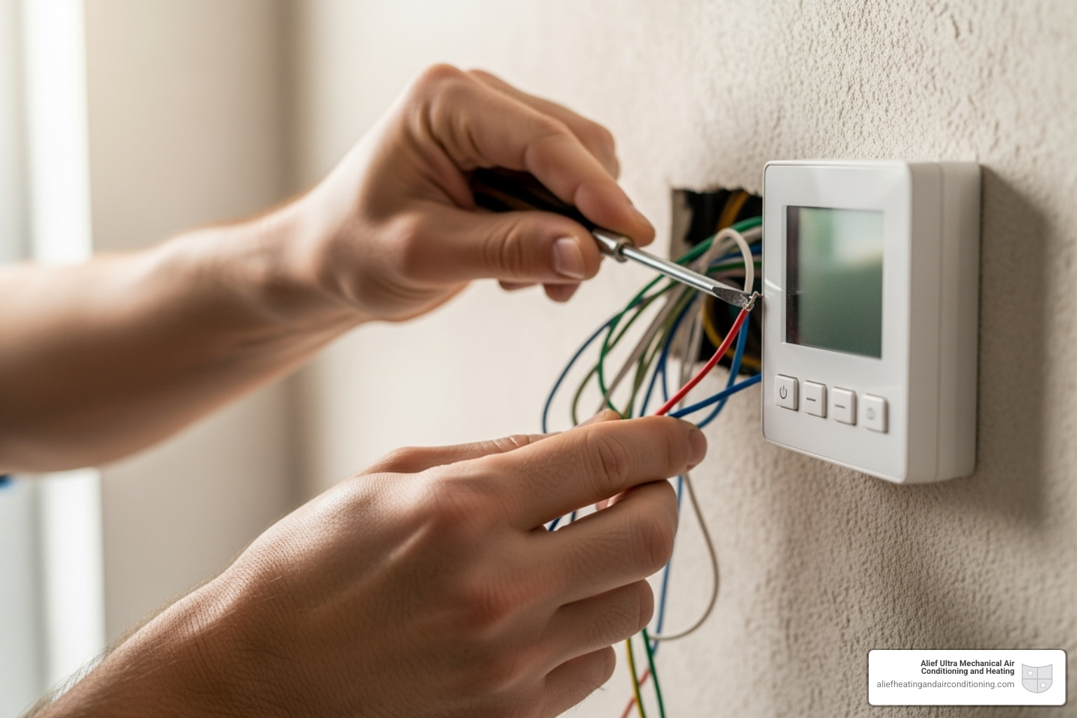 a technician's hands carefully working on thermostat wiring - thermostat repair houston