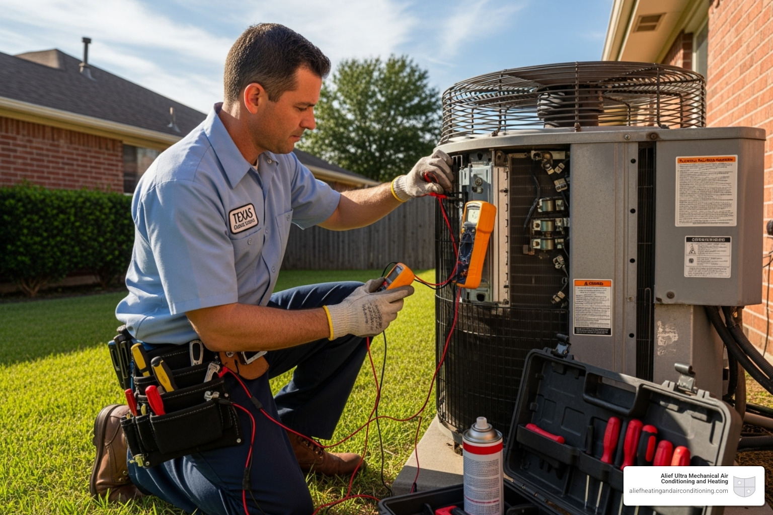technician performing a tune-up on an AC system - ac repair houston