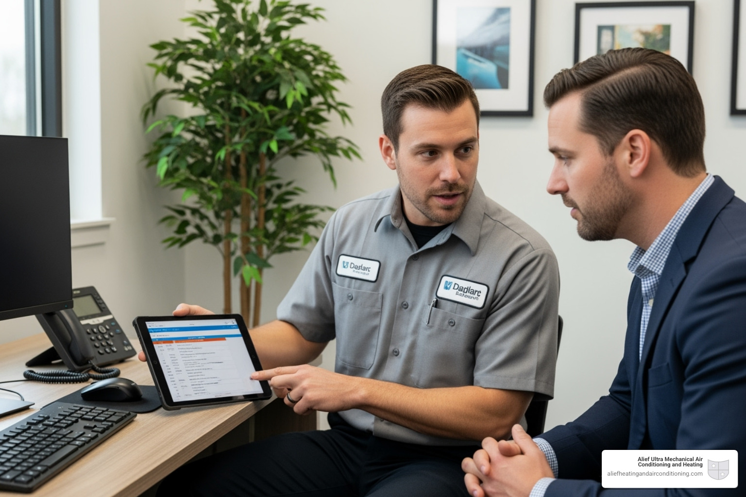 Technician explaining a diagnostic report to a business owner - alief ultra mechanical light commercial