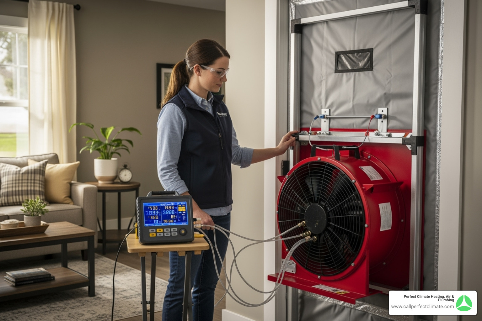 professional energy auditor using a blower door to test a home's air leakage - home energy audit professional energy auditor using a blower door to test a home's air leakage - home energy audit