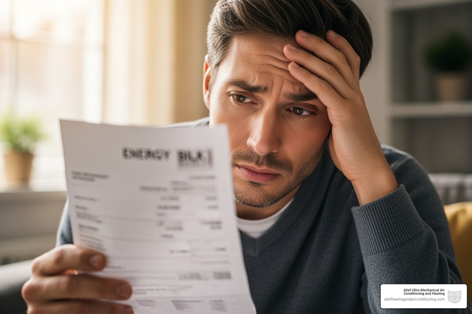homeowner looking at a high energy bill with concern - heating installation houston