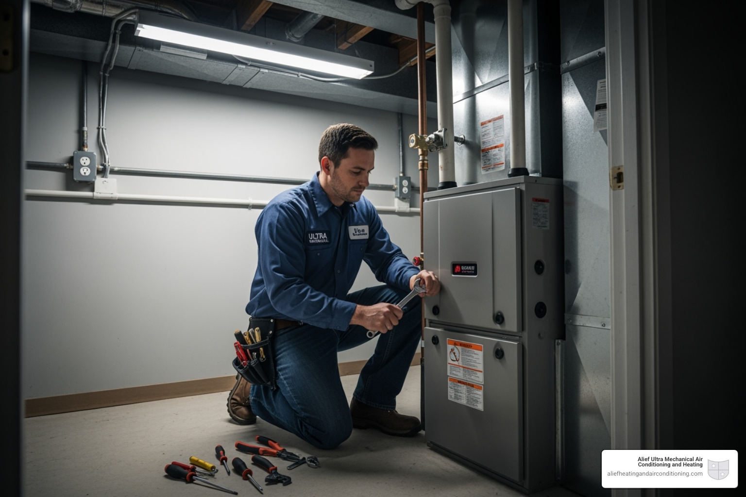 certified Ultra Mechanical technician carefully installing a new furnace - heating installation houston