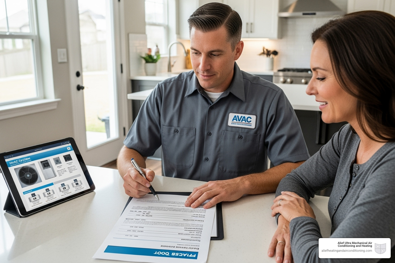 homeowner reviewing detailed quote with technician - trustworthy hvac houston homeowner reviewing detailed quote with technician - trustworthy hvac houston