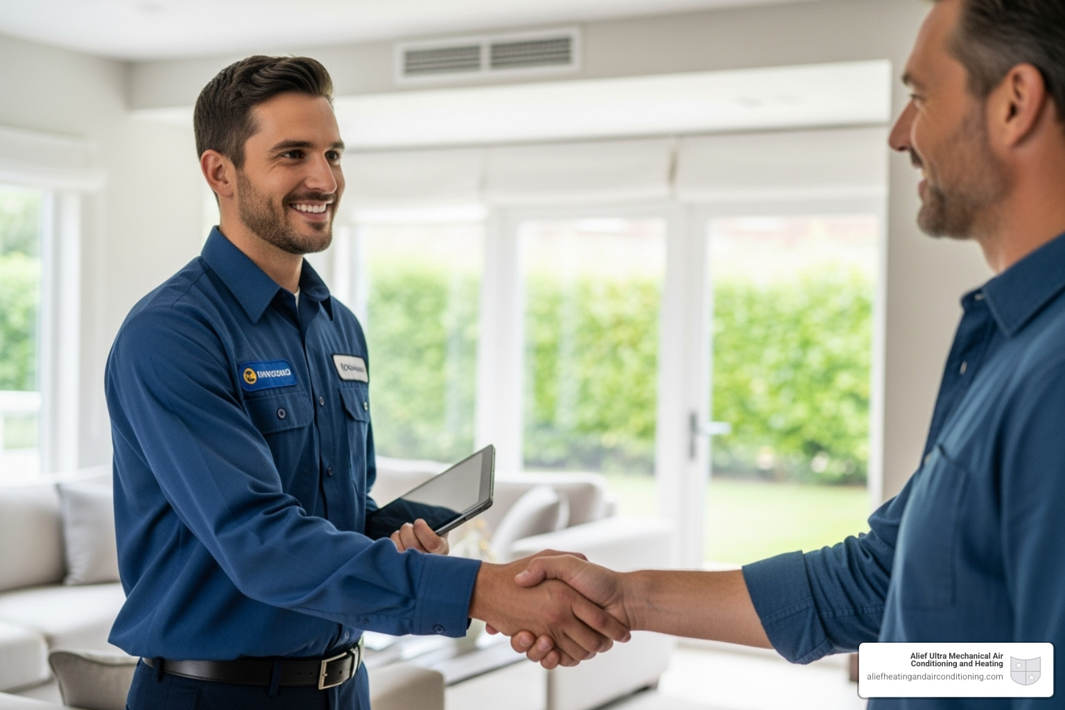 friendly, professional Ultra Mechanical technician shaking homeowner's hand - trustworthy hvac houston friendly, professional Ultra Mechanical technician shaking homeowner's hand - trustworthy hvac houston