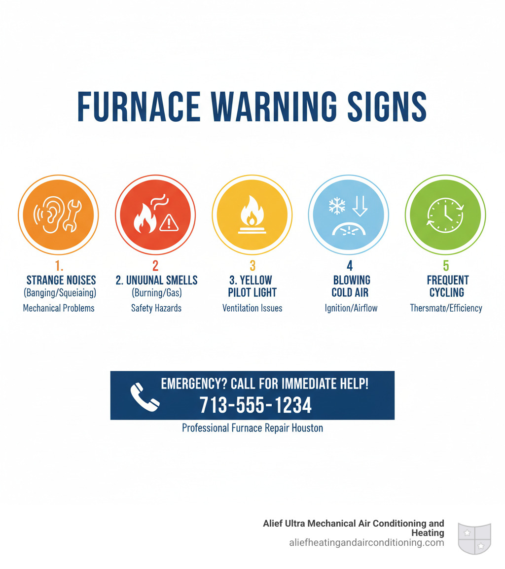 Infographic showing 5 critical furnace warning signs: 1) Strange noises like banging or squealing indicating mechanical problems, 2) Unusual burning or gas smells suggesting safety hazards, 3) Yellow pilot light instead of blue indicating ventilation issues, 4) Furnace blowing cold air due to ignition or airflow problems, 5) Frequent cycling on and off suggesting thermostat or efficiency issues, with emergency contact information for immediate professional help - furnace repair houston infographic 
