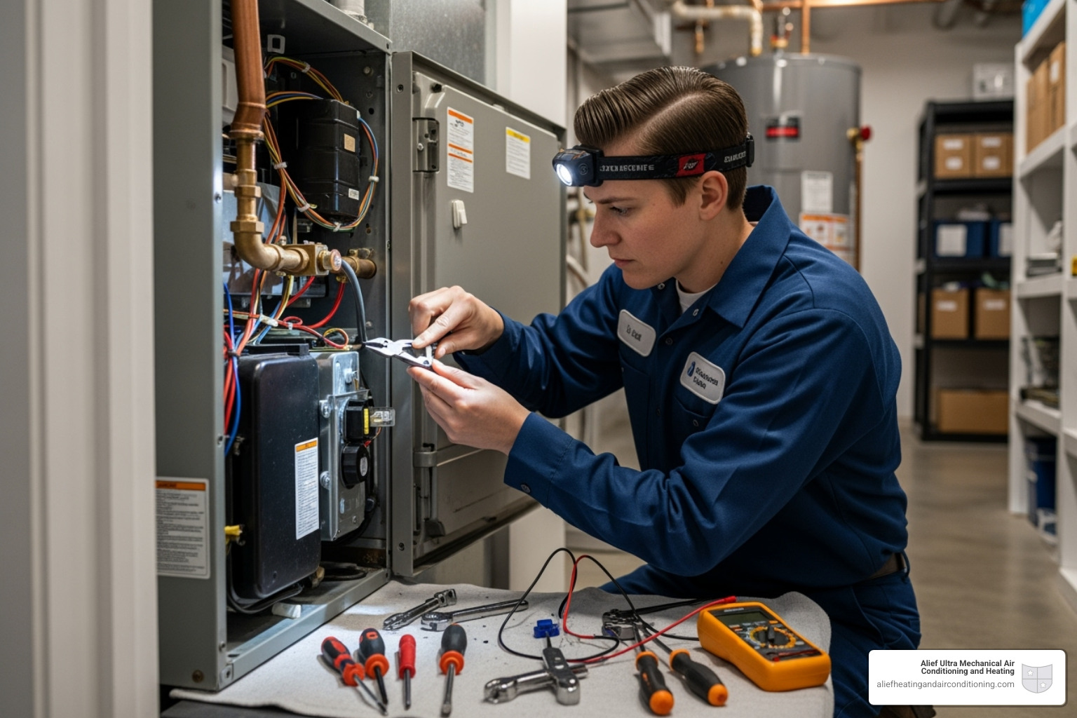 technician replacing a small furnace part - furnace repair houston