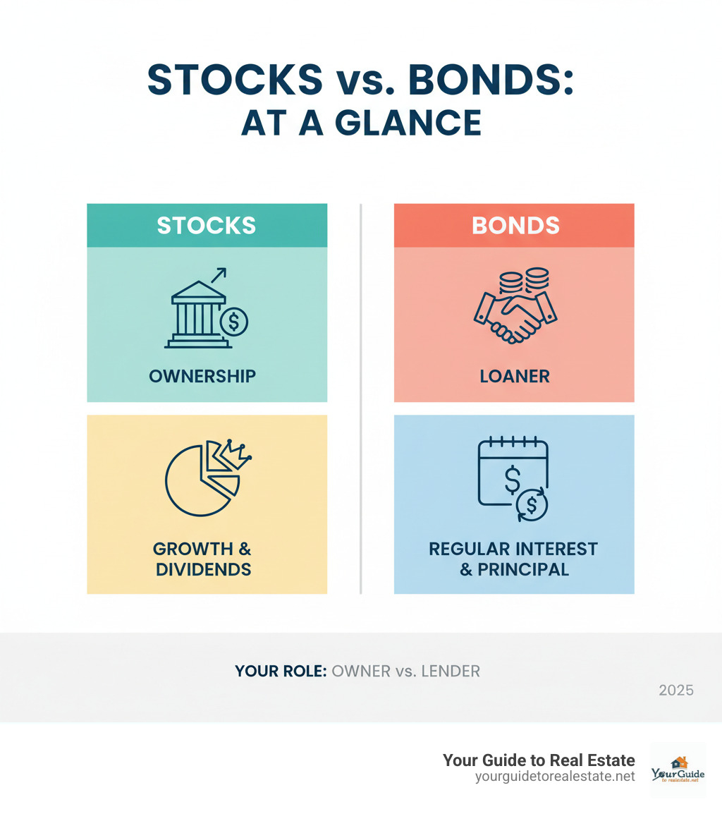 Infographic explaining the fundamental difference between stocks and bonds at a glance - difference between stocks and bonds infographic 