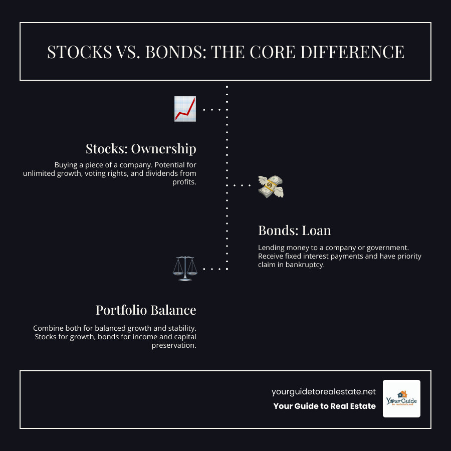 Infographic showing stocks as ownership pieces of a company with potential for unlimited growth and voting rights, versus bonds as loans to companies with fixed interest payments and priority claim in bankruptcy - bonds vs stocks infographic infographic-line-3-steps-dark