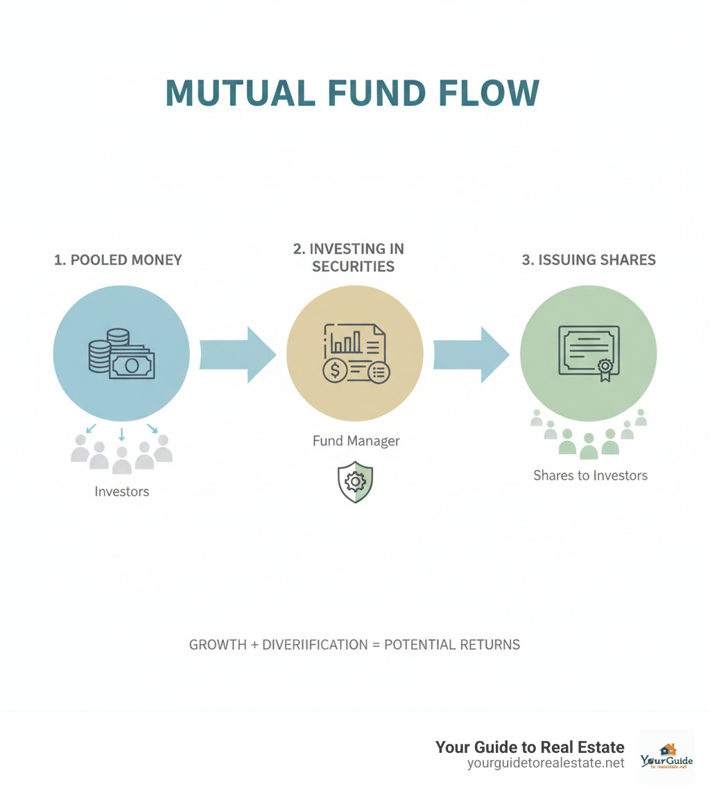 Infographic explaining the process of pooling money, investing in securities, and issuing shares to investors. - 4 types of mutual funds infographic 